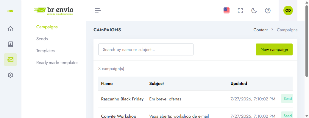 Lista de campanhas no painel