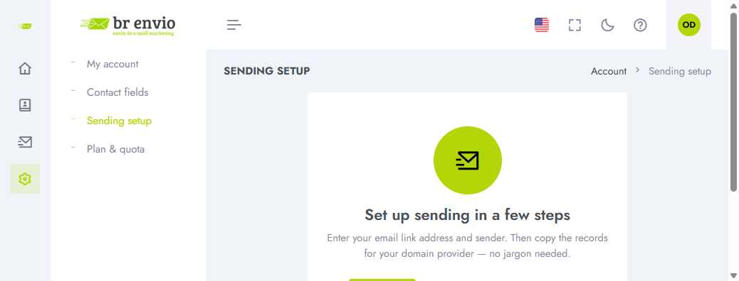 Tela Setup de envio (empty state)